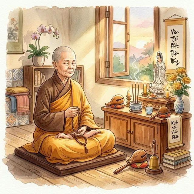 Phật tử tại gia ngồi thiền trước bàn thờ nhỏ với chuỗi hạt và kinh sách trong không gian yên tĩnh.