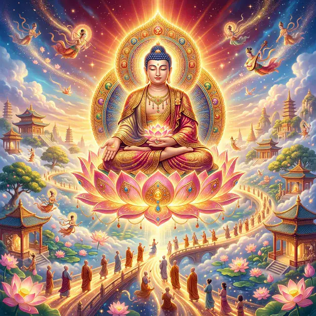 Hình ảnh cõi Tây Phương Cực Lạc với hoa sen và Phật A Di Đà
