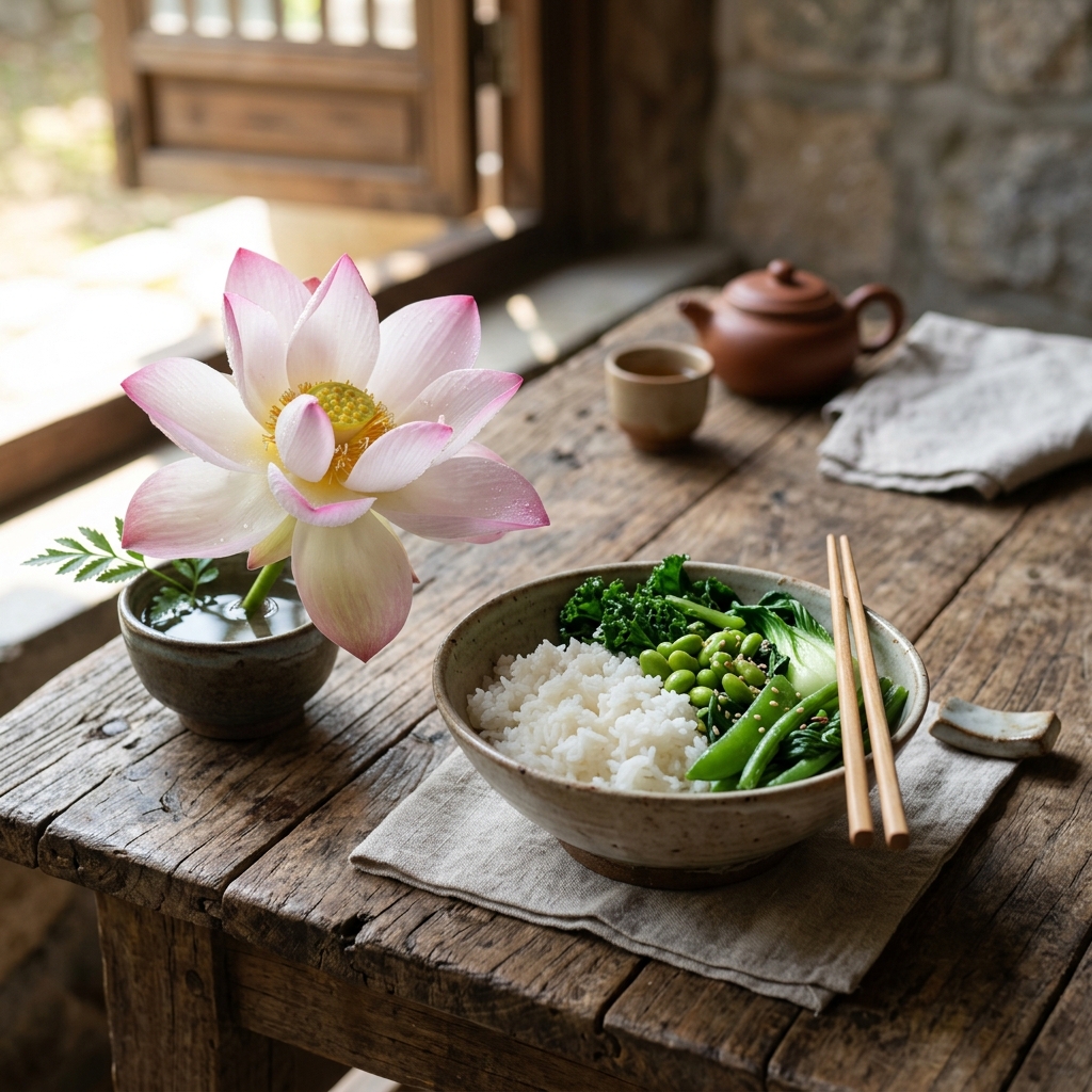 Bát cơm trắng thanh tịnh bên cạnh hoa sen tươi