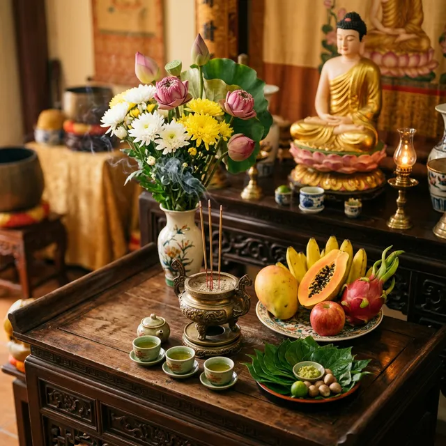 Mâm cúng ngày mùng 1 Âm lịch với hoa sen, trái cây ngũ quả, hương trầm và tượng Phật trang nghiêm.