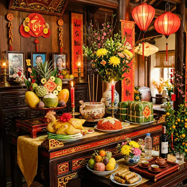 Mâm cúng sáng mùng 1 Tết Nguyên Đán truyền thống với gà luộc, bánh chưng, xôi gấc,