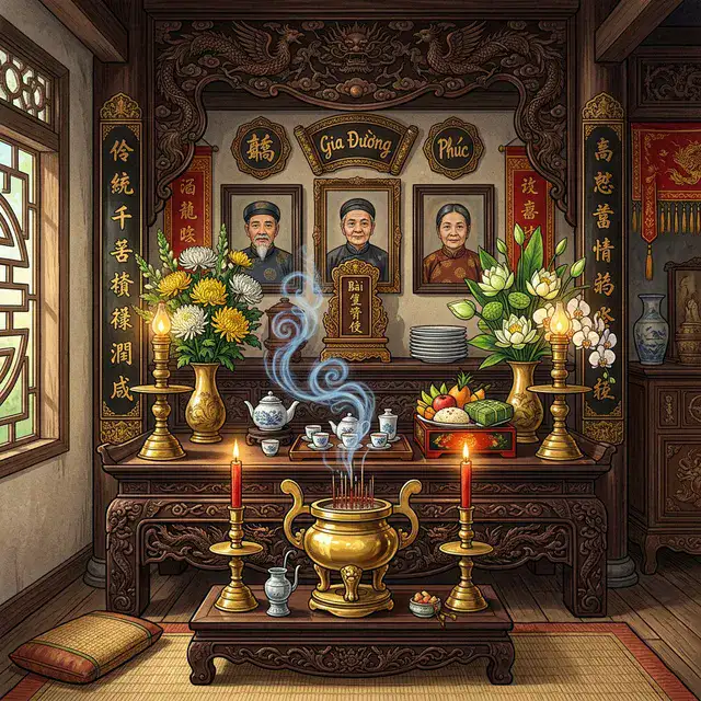 Bàn thờ gia tiên trang trọng chuẩn bị cho lễ cúng ngày giỗ tưởng nhớ