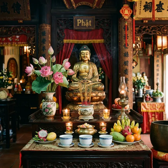 Bàn thờ Phật trang nghiêm với hương, hoa sen và trái cây thanh tịnh