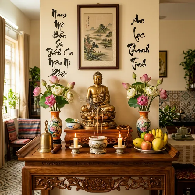 Bàn thờ Phật tại gia trang nghiêm với tượng Phật, hoa và nước sạch