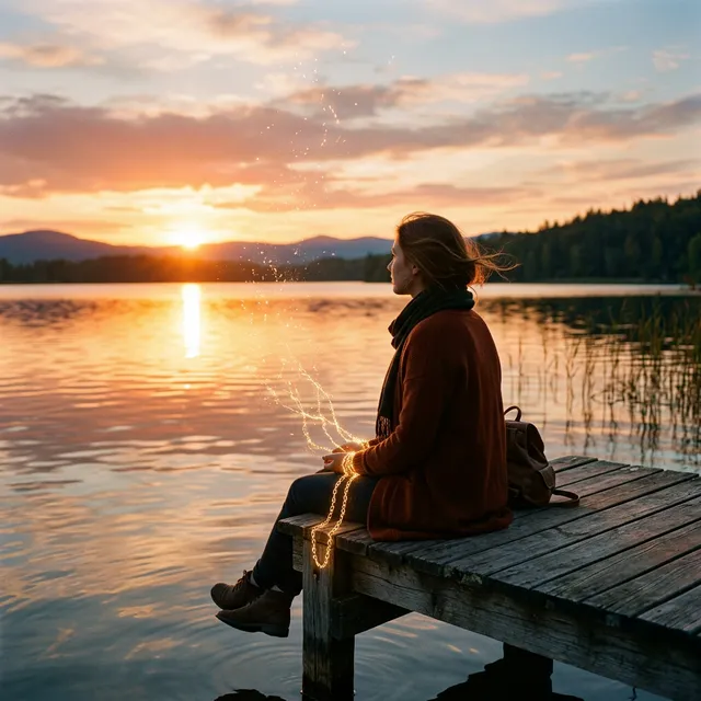 Hành giả thiền định buông bỏ chấp niệm trong ánh sáng bình minh