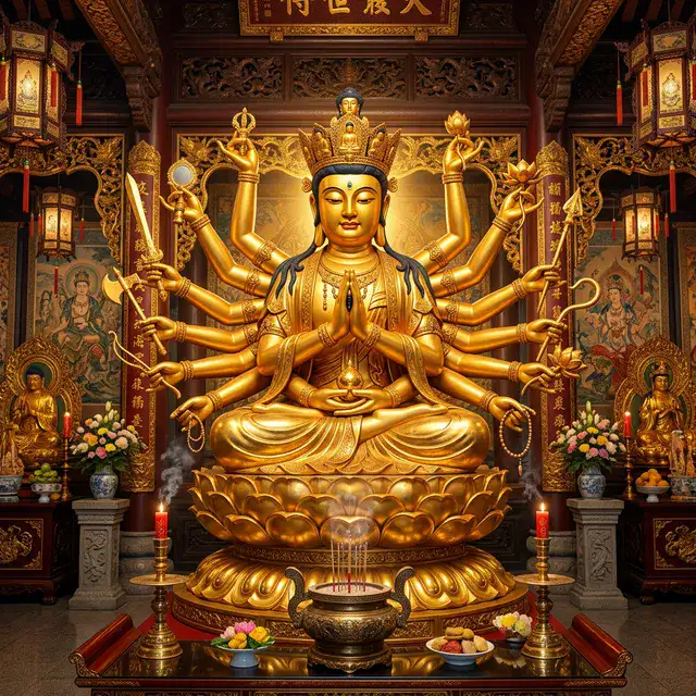 Tượng Bồ Tát Chuẩn Đề 18 tay tỏa hào quang – biểu tượng thần chú Chuẩn Đề trong Phật giáo Đại Thừa