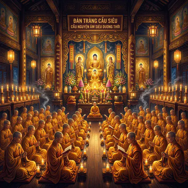 Mâm cơm cúng 49 ngày cho người mới mất bày trước bàn thờ với hoa trắng, chén cơm,