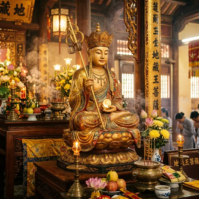 Tượng Địa Tạng Vương Bồ Tát tay cầm Như Ý Châu và tích trượng