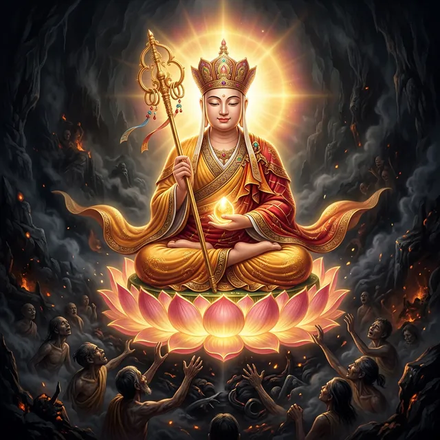 Tượng Bồ Tát Địa Tạng Vương cầm tích trượng cứu độ chúng sinh cõi u minh