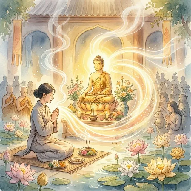Phật tử hồi hướng công đức trước tượng Phật với ánh sáng lan tỏa và hoa sen trong không gian thiền.