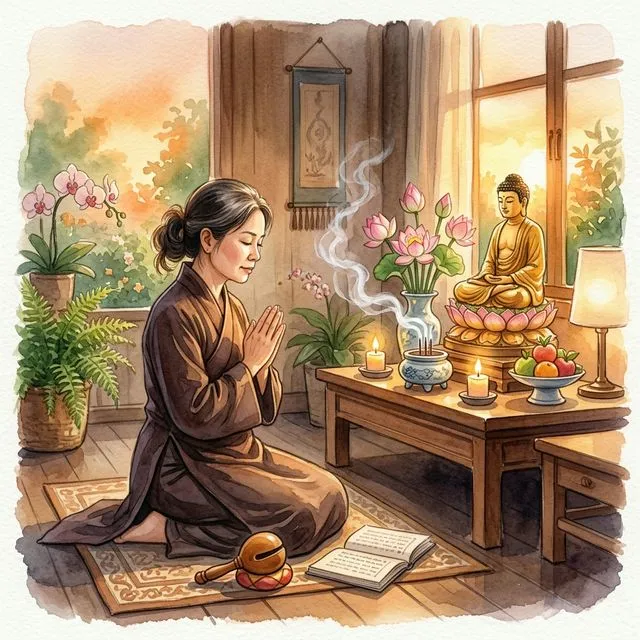 Phật tử chắp tay hồi hướng sau thời tụng kinh trước bàn thờ Phật với hương trầm và hoa sen