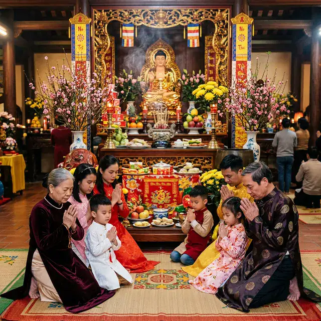 Gia đình cùng cầu an đầu năm trước bàn thờ Phật với hoa tươi và hương sáng