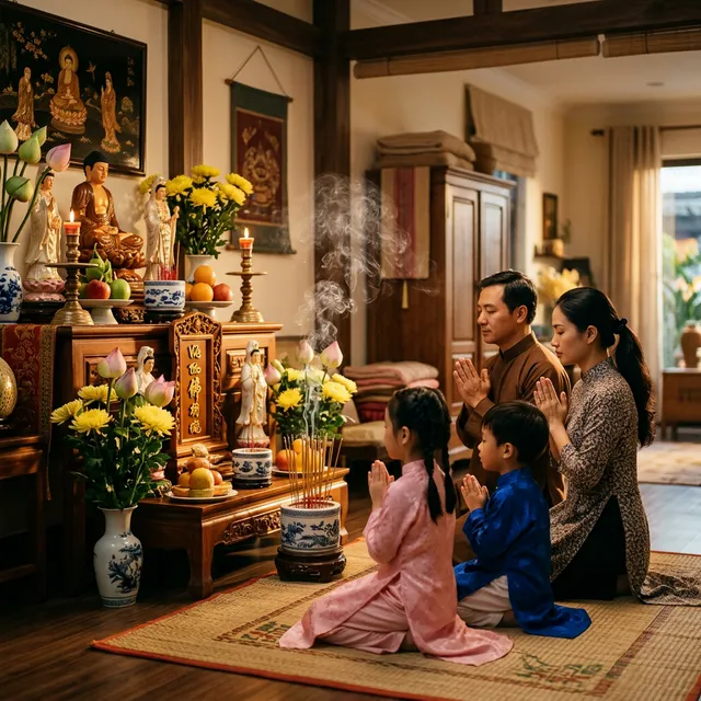 Gia đình cùng nhau tụng kinh cầu an tại gia trong không gian Phật đường nhỏ