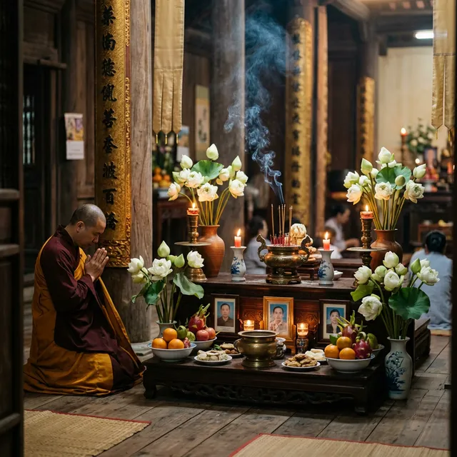 Đàn tràng cầu siêu thanh tịnh với hoa sen trắng và nến sáng