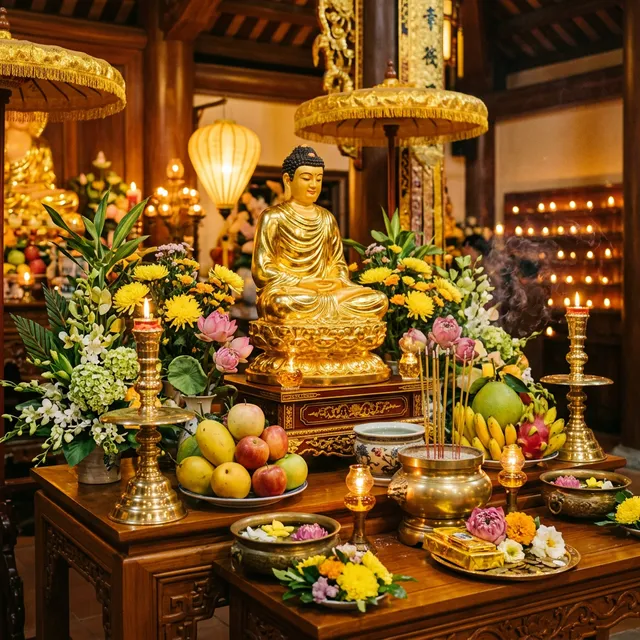 Bàn thờ Phật cầu tài lộc trang hoàng với hoa quả và ánh nến vàng ấm