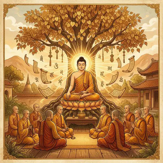 Đức Phật Thích Ca thuyết giảng Kinh Pháp Cú dưới cội Bồ Đề