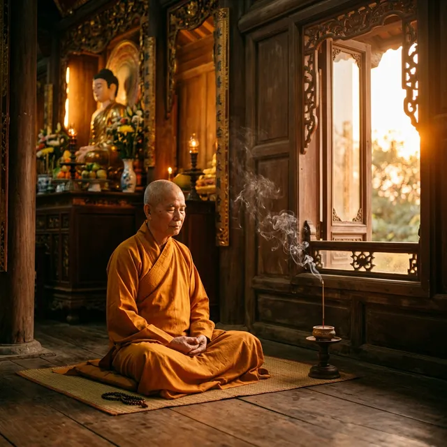 Phật tử ngồi tĩnh lặng trong ánh chiều muộn để bắt đầu công phu chiều