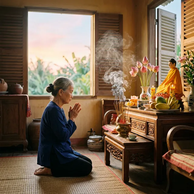 Phật tử tại gia ngồi trước bàn thờ Phật trong thời khóa tụng kinh ngắn buổi sớm