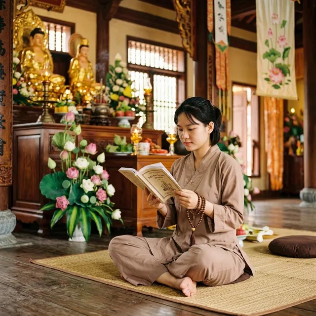 Phật tử mới bắt đầu tu tập ngồi đọc kinh Phật với chuỗi hạt bồ đề