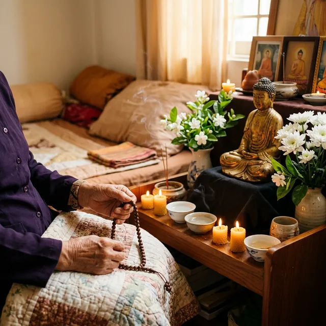 Bàn thờ nhỏ cầu an đặt gần giường người bệnh trong không gian yên tĩnh