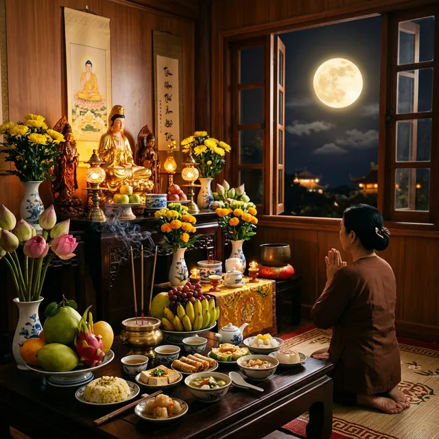 Phật tử cúng rằm tại gia với mâm cỗ chay thanh tịnh dưới ánh trăng tròn