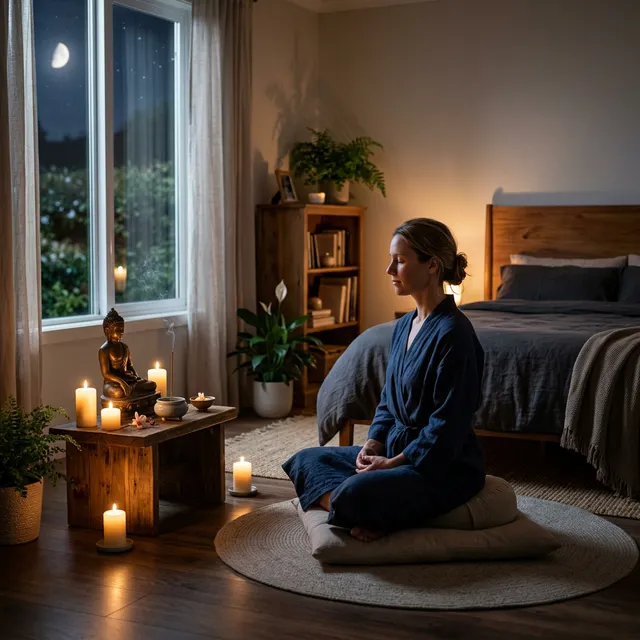 Thiền định trước khi ngủ bên ánh nến và tượng Phật nhỏ trong phòng