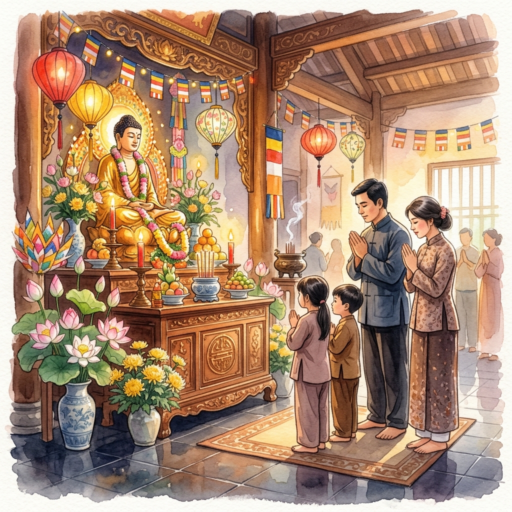 Gia đình Việt Nam cùng nhau đứng trước bàn thờ Phật trang hoàng hoa sen và đèn lồng trong ngày lễ Phật Đản