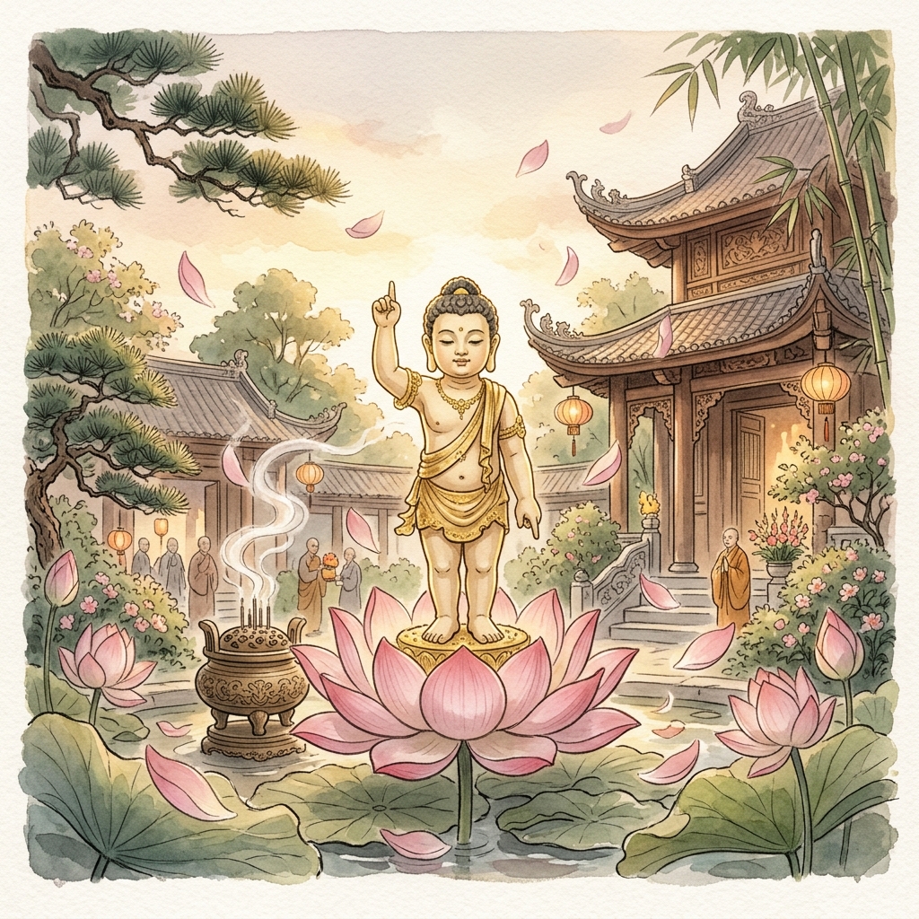 Tượng Phật sơ sinh đứng trên hoa sen, một tay chỉ trời một tay chỉ đất trong lễ Phật Đản
