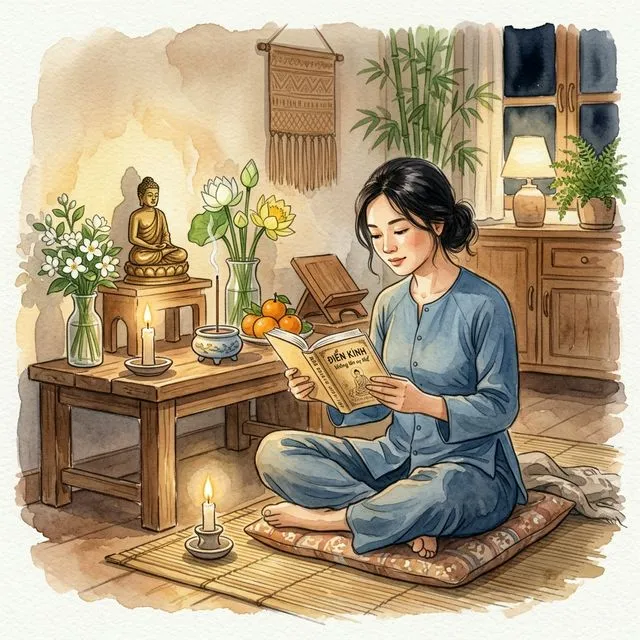 Người mới học Phật ngồi đọc bài kinh đầu tiên trong không gian yên tĩnh tại nhà