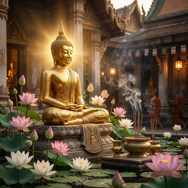 Tượng Phật vàng trang nghiêm giữa hoa sen và hương trầm tỏa trong không gian chùa thanh tịnh gợi bình an