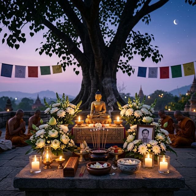 Bàn thờ tưởng niệm trang nghiêm dưới cây bồ đề với hoa cúc trắng, nến và nhang trong buổi chiều tĩnh lặng