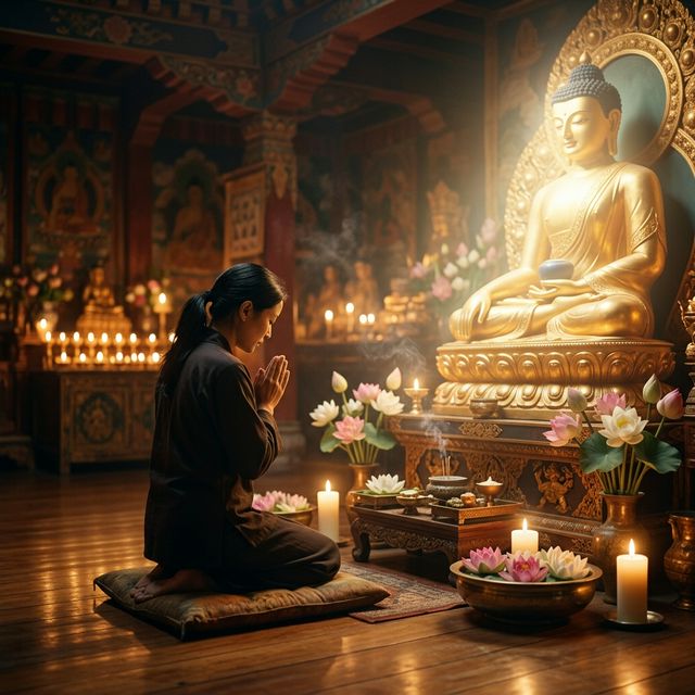 Phật tử quỳ sám hối trước tượng Phật vàng với ánh nến và hoa sen trong không gian chùa trang nghiêm