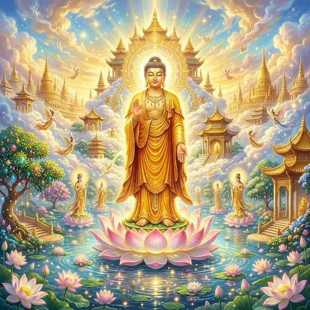 Phật A Di Đà đứng trên đài sen giữa cảnh giới Tây Phương Cực Lạc với lầu các vàng, cây ngọc và ao sen