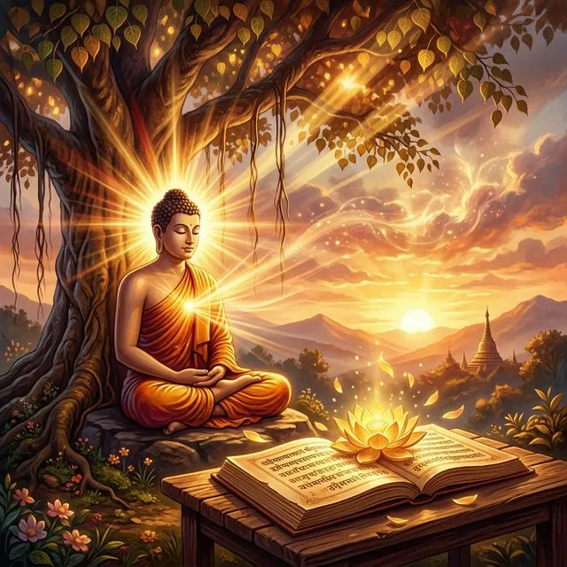 Đức Phật thiền định dưới cội bồ đề với ánh sáng tuệ giác tỏa ra cùng kinh sách và hoa sen vàng
