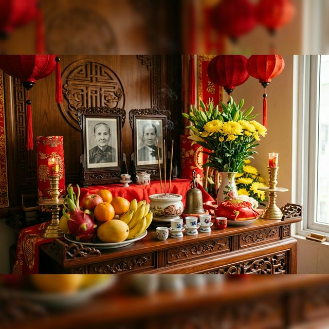 Bàn thờ gia tiên truyền thống Việt Nam với nhang, trái cây, cúc vàng, ảnh thờ và đèn lồng đỏ trong không gian ấm cúng