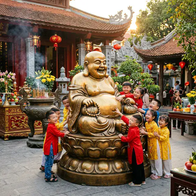 Tượng Phật Di Lặc bụng phệ miệng cười tươi tượng trưng hạnh phúc