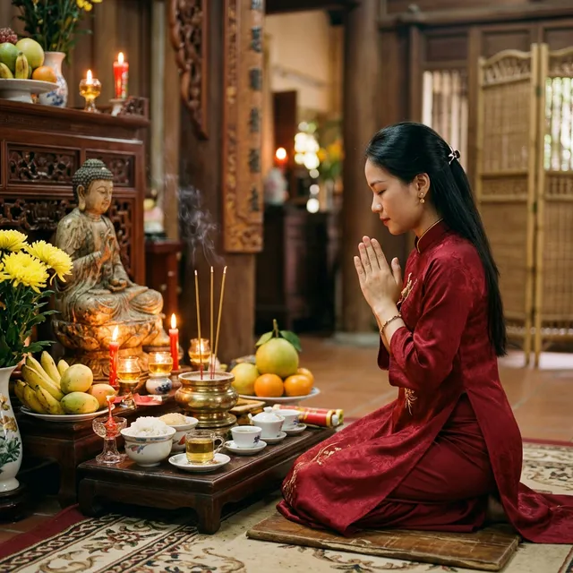 Người Phật tử chắp tay phát nguyện trước bàn thờ Phật trong không gian yên tĩnh,