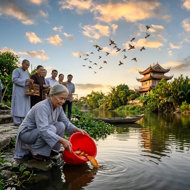 Phật tử thành tâm phóng sinh cá tại sông trong nghi lễ phóng sinh Phật giáo truyền thống