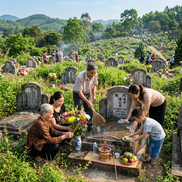 Gia đình Việt tảo mộ thanh minh dọn dẹp phần mộ tổ tiên