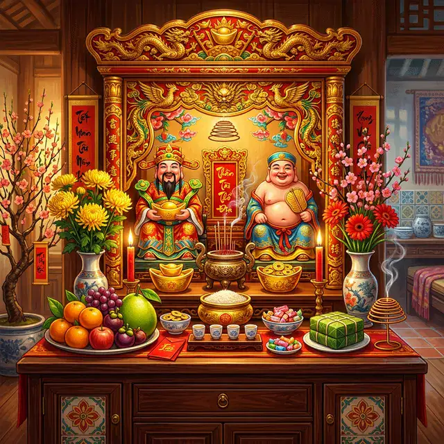 Bàn thờ Thổ Công Thổ Địa truyền thống với lễ vật cúng bái chuẩn mực