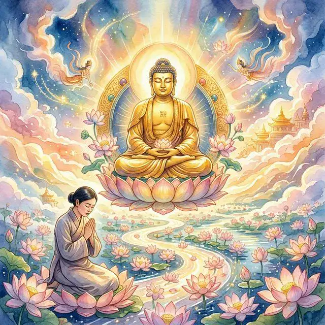 Phật A Di Đà tỏa hào quang giữa hoa sen và mây lành với người niệm Phật chắp tay thành kính trong.