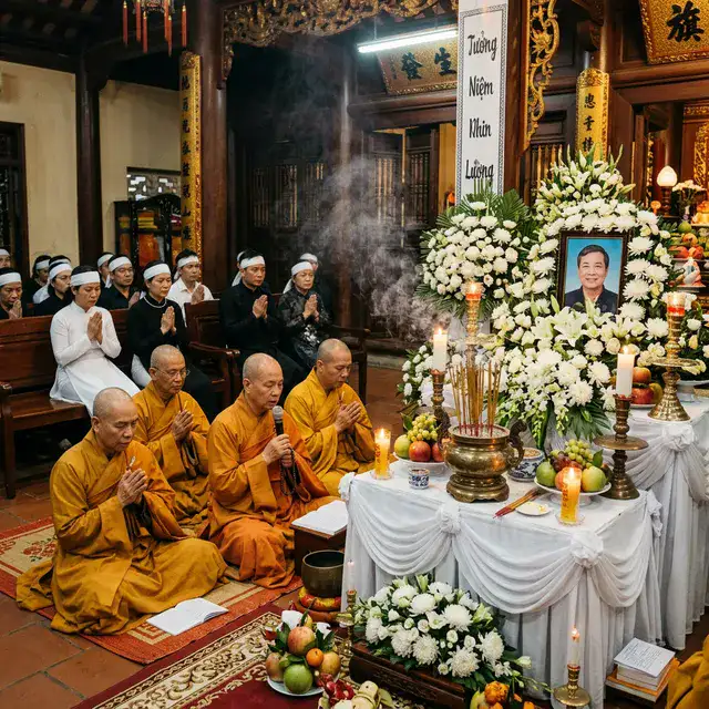 Bàn thờ người mới mất trong nhà với di ảnh, hoa trắng, chén nước và không gian tưởng niệm gọn, trang nghiêm