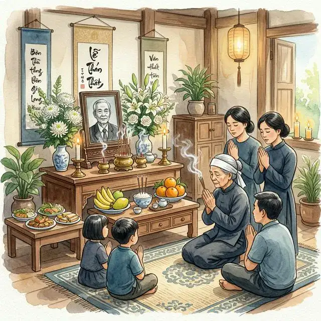 Gia đình chắp tay tụng kinh trong lễ thất đầu cho người mới mất trước bàn thờ hoa trắng và ánh nến.