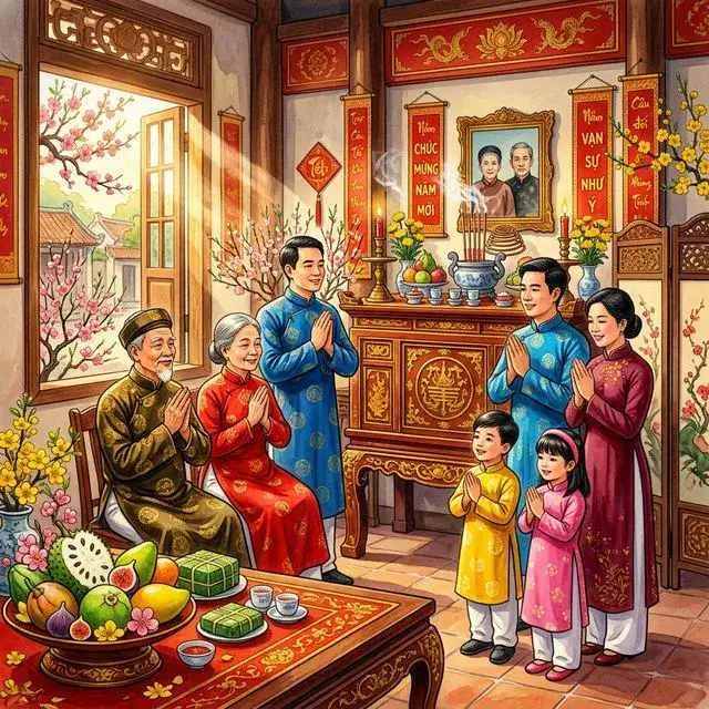Gia đình Việt Nam thắp hương cúng đầu năm mới cầu bình an